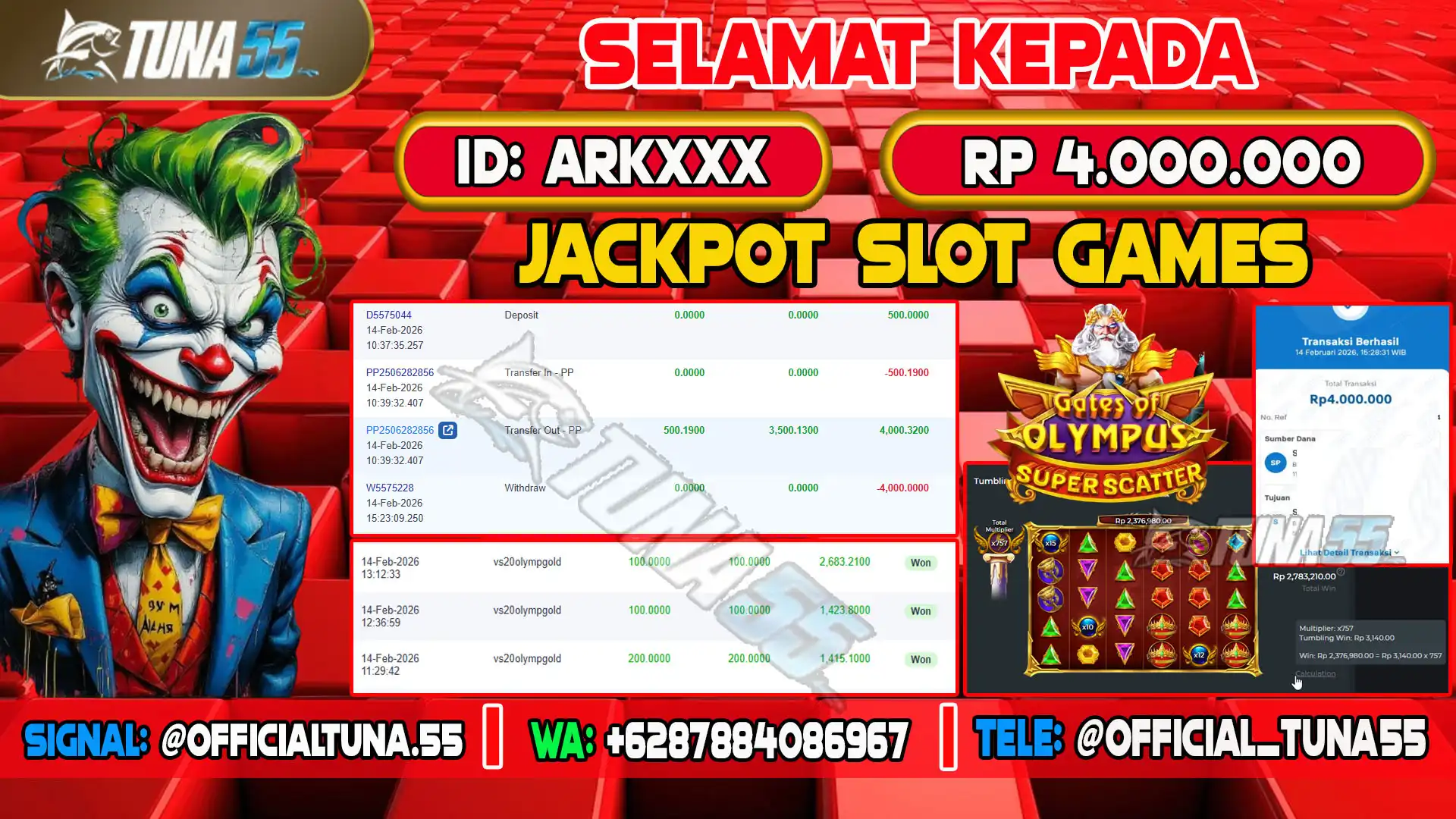 Bukti jackpot slot games Tuna55 dengan kemenangan Rp 4.000.000, menampilkan permainan Gates of Olympus Super Scatter, ID pengguna ARKXXX