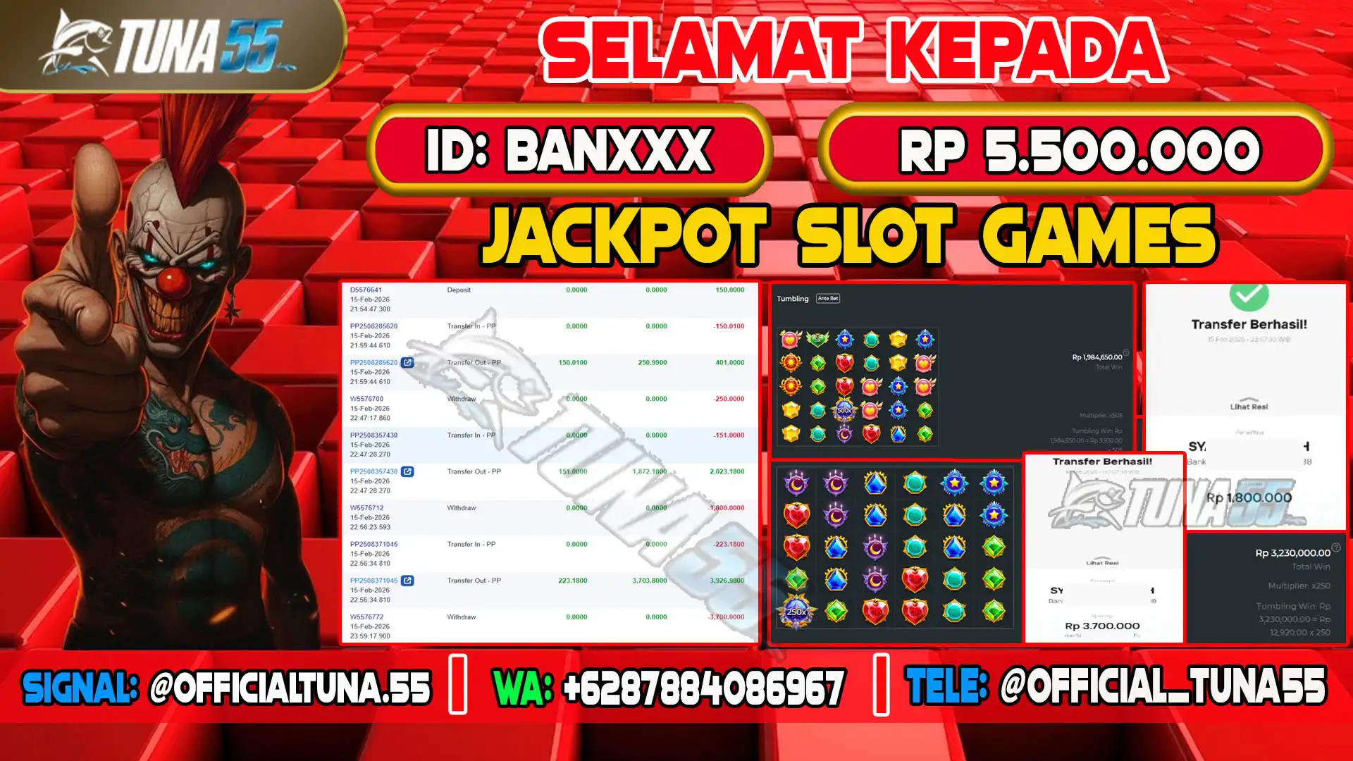 Bukti jackpot slot games Tuna55 dengan kemenangan Rp 5.500.000, menampilkan permainan Starlight of Princess 1000, ID pengguna BANXXX