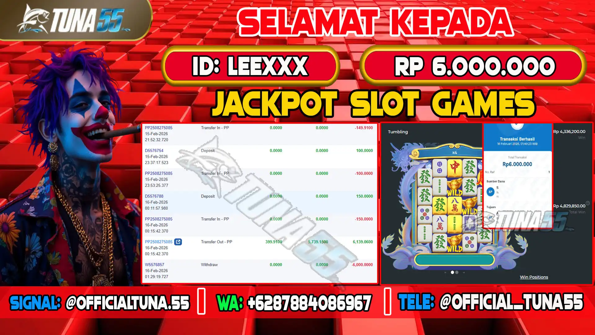 Bukti jackpot slot games Tuna55 dengan kemenangan Rp 6.000.000, menampilkan permainan Mahjong Wins 3 - Black Scatter, ID pengguna LEEXXX