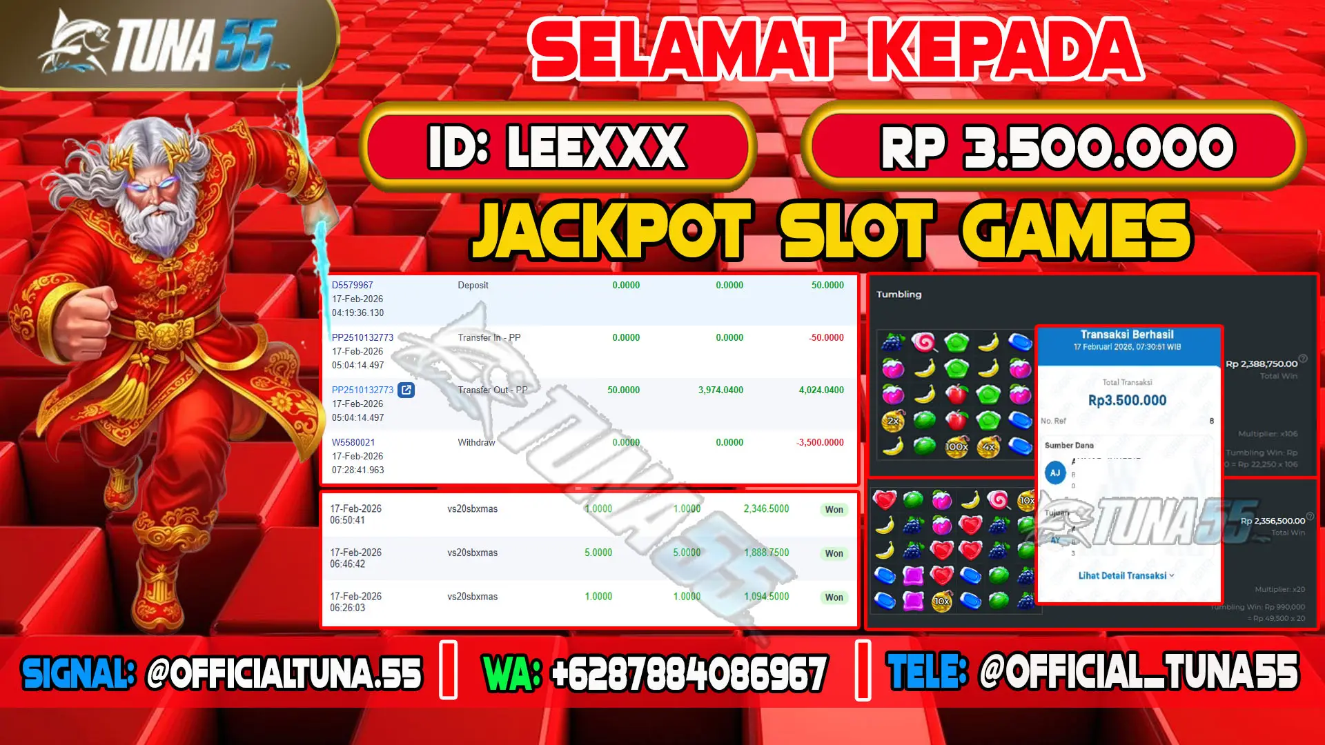 Bukti jackpot slot games Tuna55 dengan kemenangan Rp 3.500.000, menampilkan permainan Sweet Bonanza Xmas, ID pengguna LEEXXX