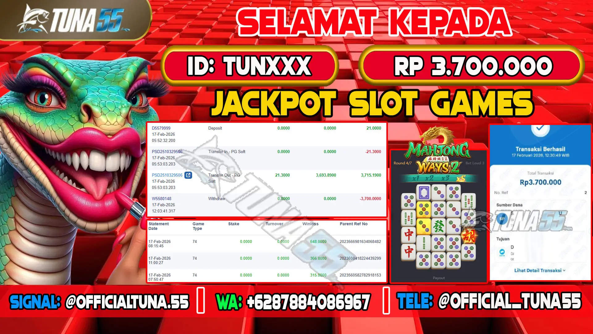 Bukti jackpot slot games Tuna55 dengan kemenangan Rp 3.700.000, menampilkan permainan Mahjong Ways 2, ID pengguna TUNXXX