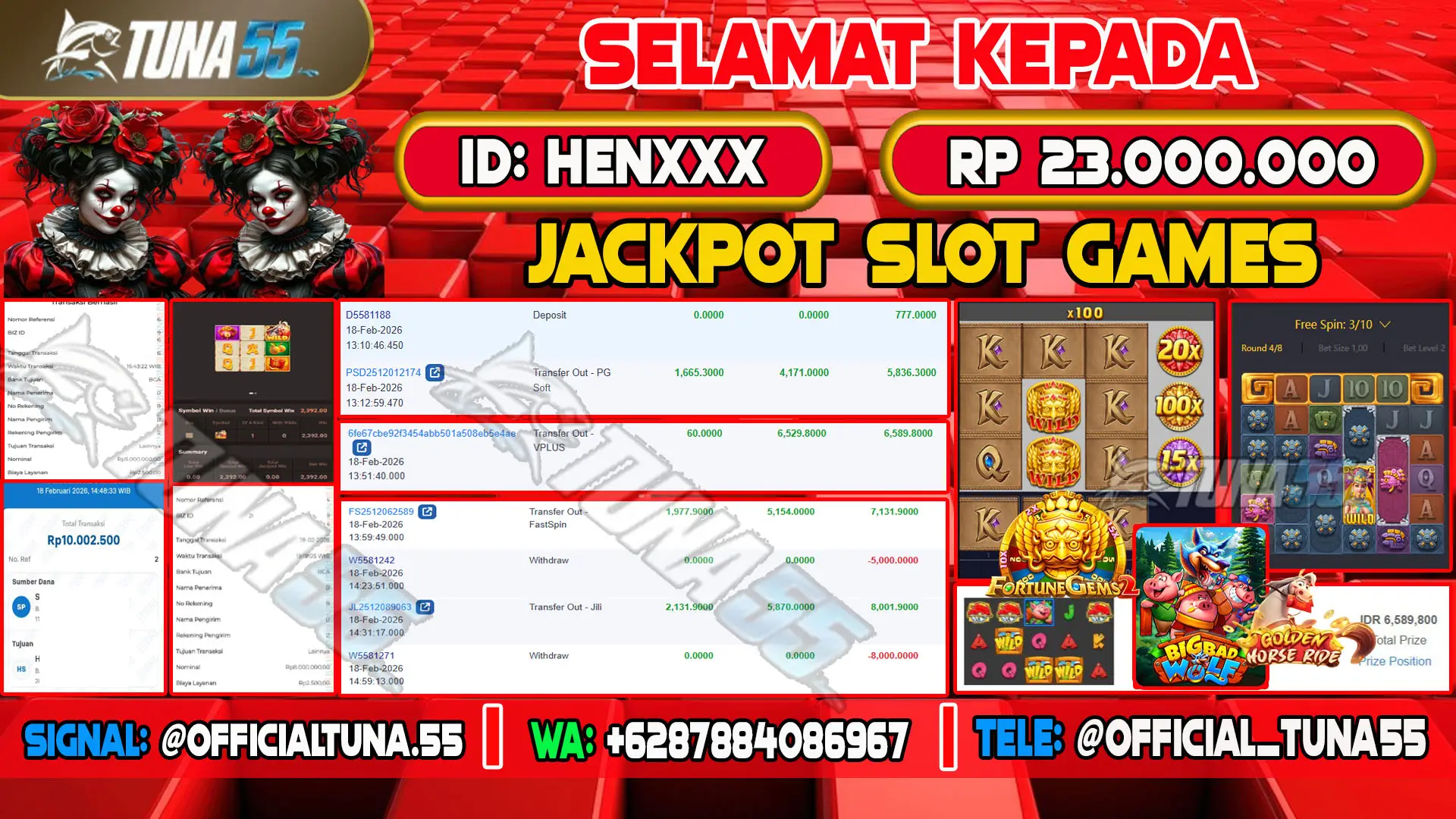 Bukti jackpot slot games Tuna55 dengan kemenangan Rp 23.000.000, menampilkan permainan Treasures of Aztec, Fortune Gems 2Golden Horse Ride dan Big Bad Wold ID pengguna HENXXX
