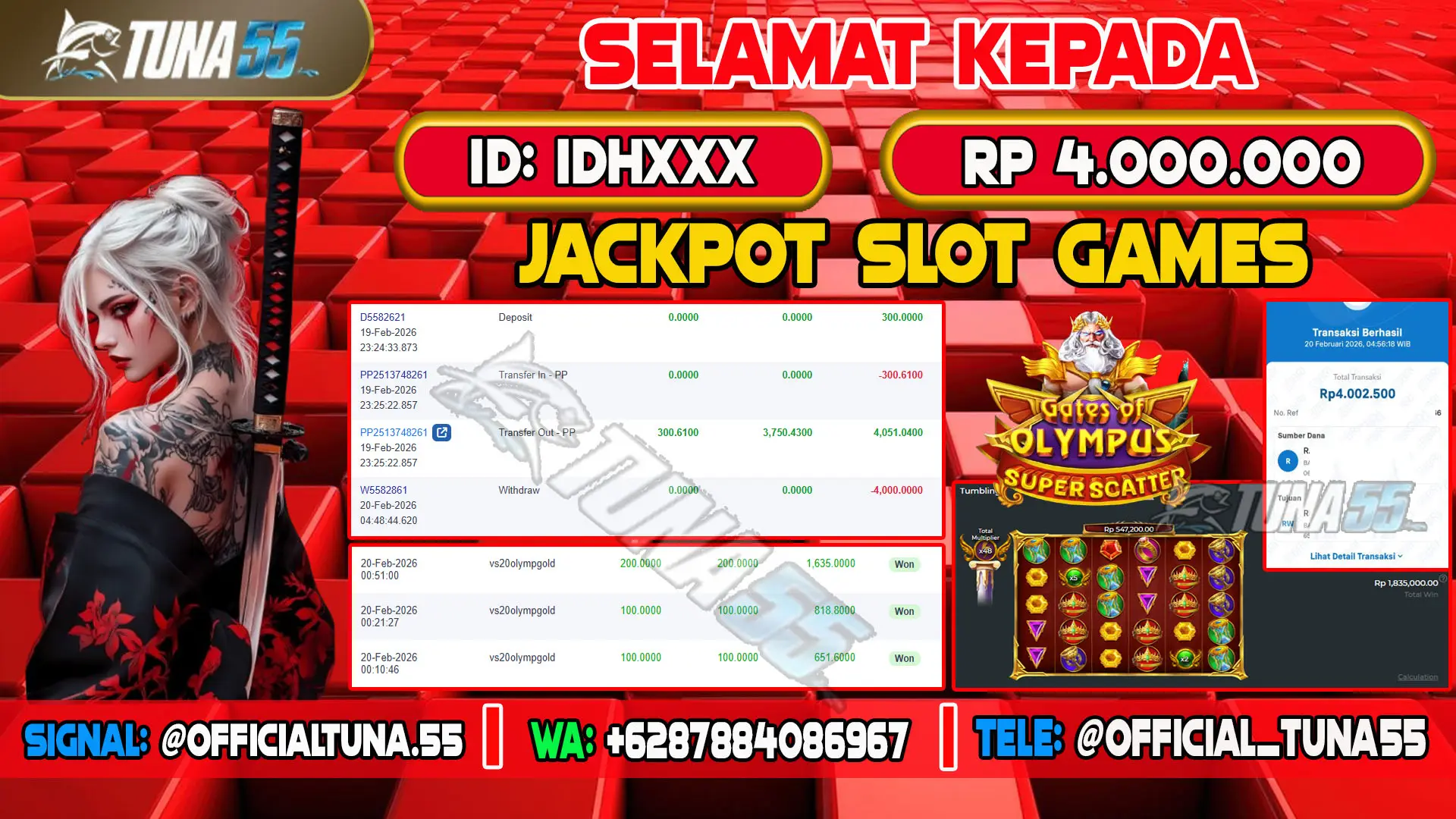 Bukti jackpot slot games Tuna55 dengan kemenangan Rp 4.000.000, menampilkan permainan Gates of lympus Black Scatter, ID pengguna IDHXXX