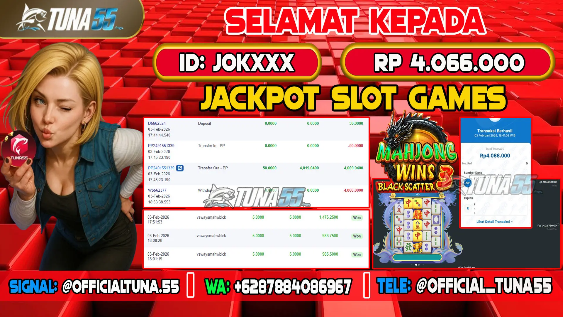 Bukti jackpot slot games Tuna55 dengan kemenangan Rp 4.066.000, menampilkan permainan Mahjong Wins Black Scatter, ID pengguna JOKXXX