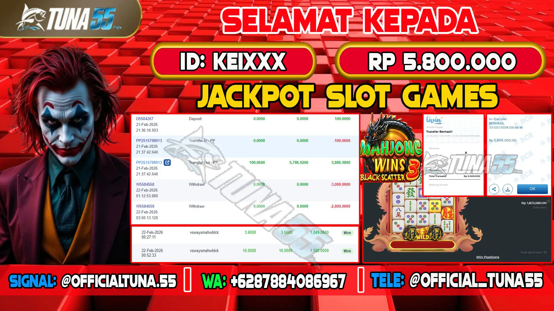 Bukti jackpot slot games Tuna55 dengan kemenangan Rp 5.800.000, menampilkan permainan Mahjong Wins 3 Black Scatter, ID pengguna KEIXXX