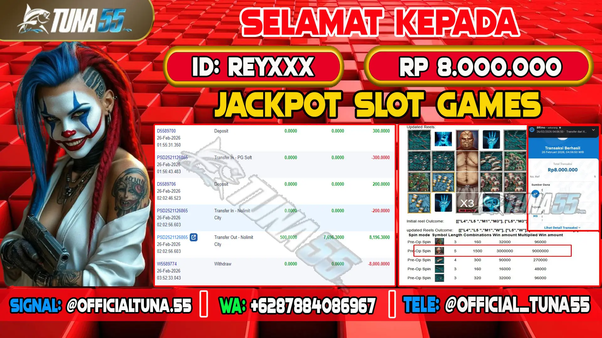 Bukti jackpot slot games Tuna55 dengan kemenangan Rp 8.000.000, menampilkan permainan Disturbed, ID pengguna REYXXX