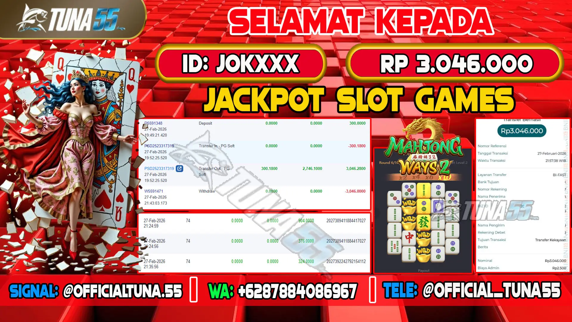 Bukti jackpot slot games Tuna55 dengan kemenangan Rp 3.046.000, menampilkan permainan Mahjong Ways 2, ID pengguna JOKXXX