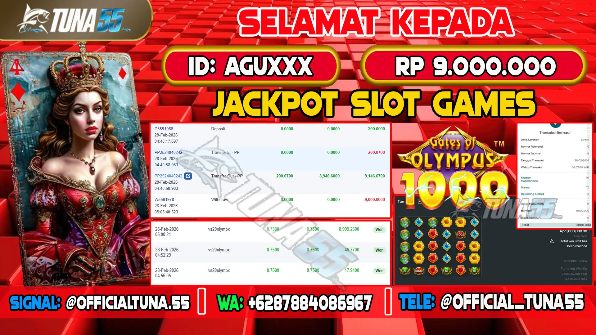 Bukti jackpot slot games Tuna55 dengan kemenangan Rp 9.000.000, menampilkan permainan Gates of Olympus 1000, ID pengguna AGUXXX