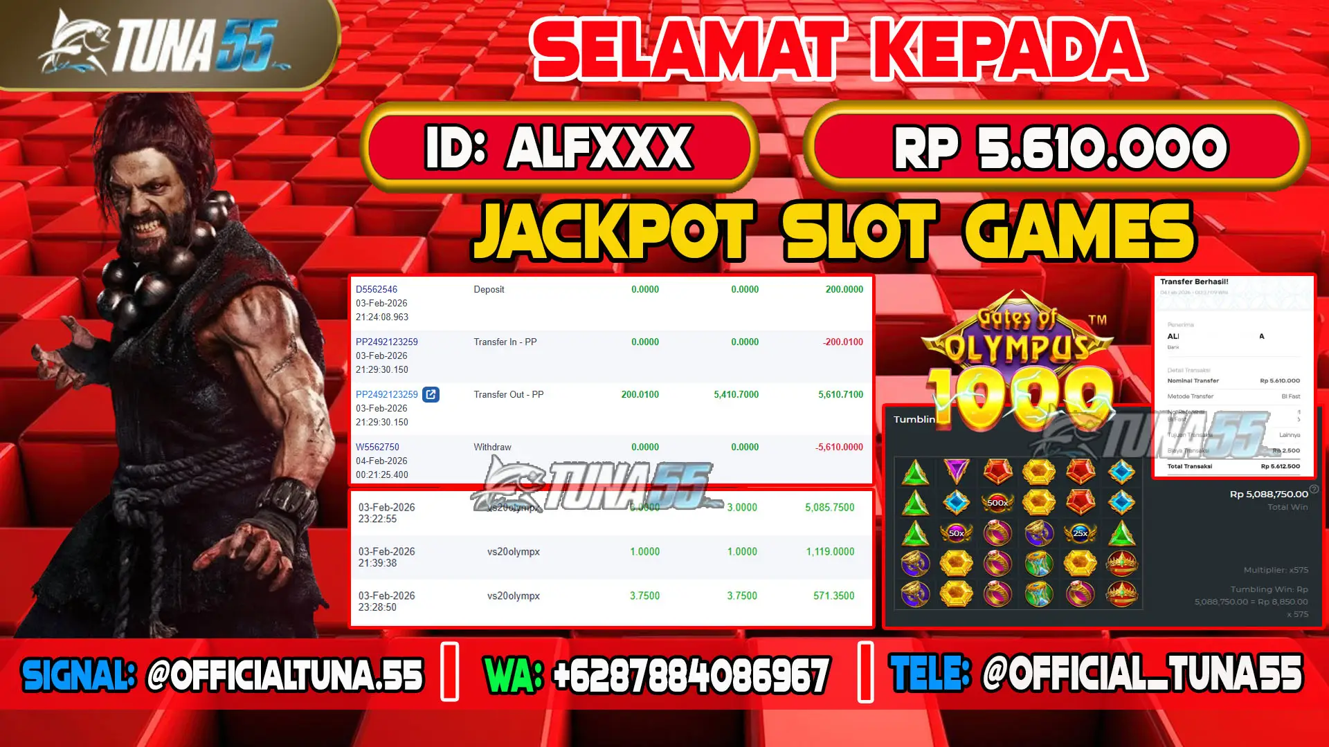 Bukti jackpot slot games Tuna55 dengan kemenangan Rp 5.610.000, menampilkan permainan Gates of Olympus 1000, ID pengguna ALFXXX