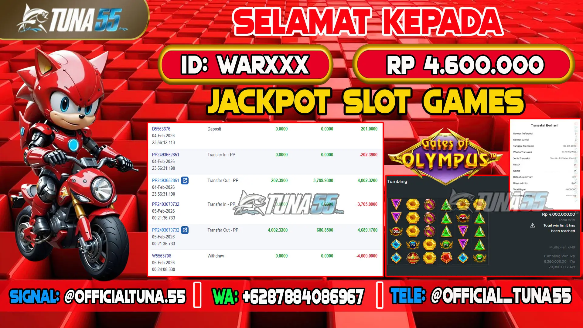 Bukti jackpot slot games Tuna55 dengan kemenangan Rp 4.600.000, menampilkan permainan Gates of Olympus, ID pengguna WARXXX