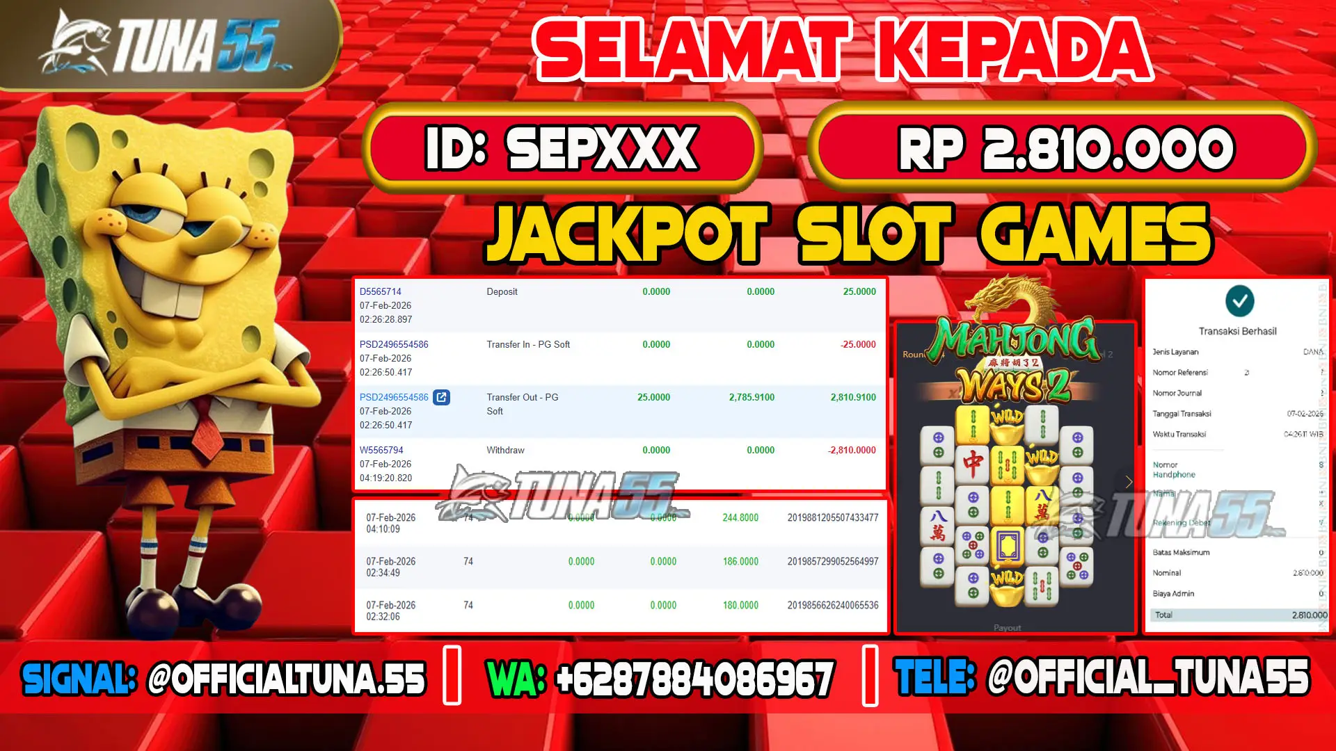 Bukti jackpot slot games Tuna55 dengan kemenangan Rp 2.810.000, menampilkan permainan Mahjong Ways 2, ID pengguna SEPXXX