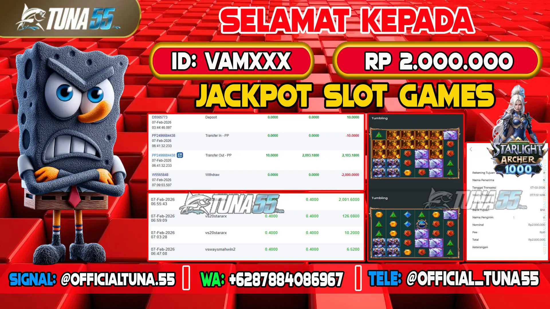 Bukti jackpot slot games Tuna55 dengan kemenangan Rp 2.000.000, menampilkan permainan Starlight Archer 1000, ID pengguna VAMXXX