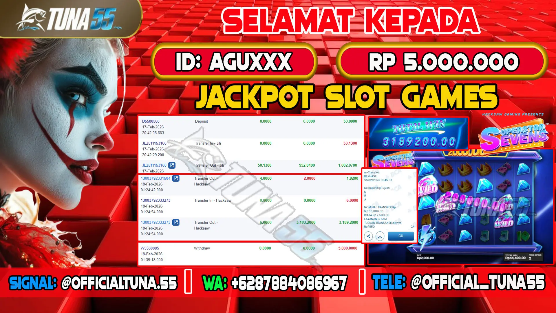 Bukti jackpot slot games Tuna55 dengan kemenangan Rp 5.000.000, menampilkan permainan Superstar Sevens, ID pengguna AGUXXX