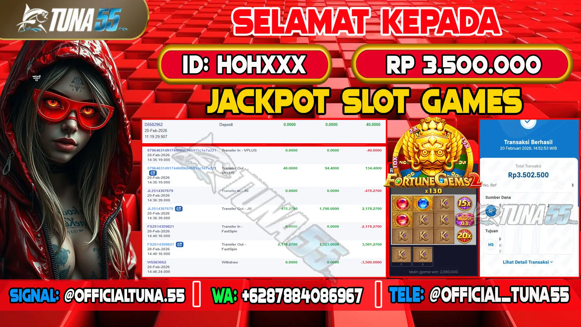 Bukti jackpot slot games Tuna55 dengan kemenangan Rp 3.500.000, menampilkan permainan Fortune Gems 2, ID pengguna HOHXXX