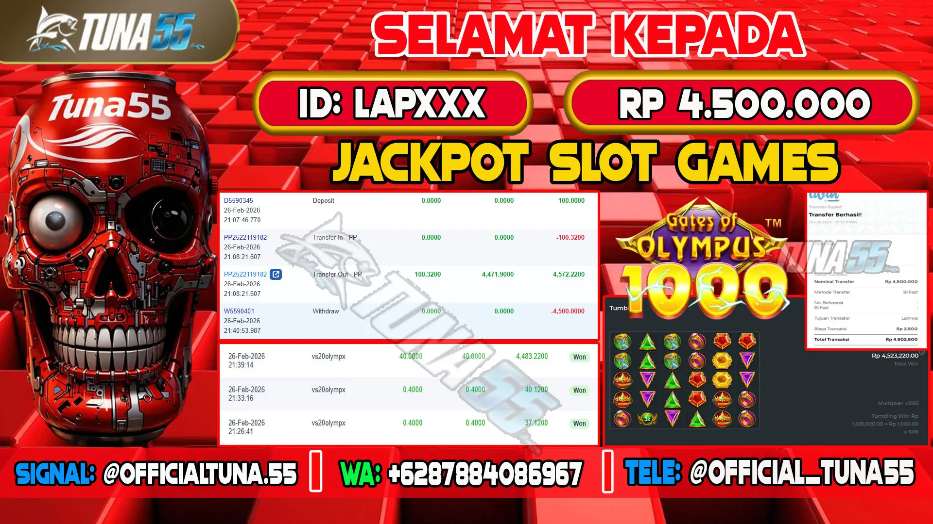 Bukti jackpot slot games Tuna55 dengan kemenangan Rp 4.500.000, menampilkan permainan Gates of Olympus 1000, ID pengguna LAPXXX